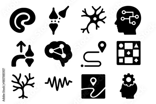 Spatial Memory Icons. Neural mechanisms of spatial memory. Solid icon set of Neural mechanisms of spatial memory: hippocampal map, synapse connection, neuron