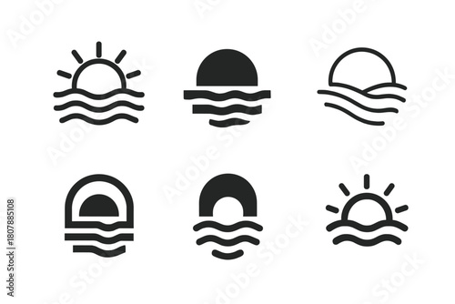 Misty Morning Logos. Early morning mist. Icon set. Set Logo of early morning mist: sunrise through haze. harmonious logo variations of the same emblematic