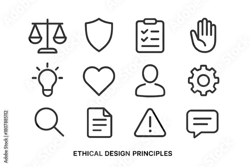 Ethical Design Icons. Designing with ethical constraints. Line icon set of Designing with ethical constraints: light bulb, checklist, scale, shield, hand,