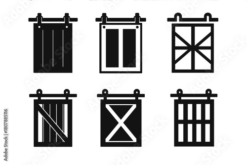 Sliding Doors Icons. Sliding doors. Icon set. Set Logo of sliding doors: balcony slider with sheer curtain. harmonious logo variations of the same emblematic