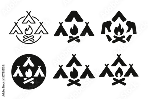 Camping Logo Variations. Group camping adventures. Icon set. Set Logo of group camping adventures: folded map with route line and numbered campsites.