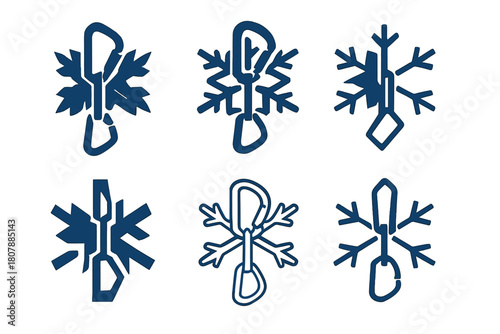 Ice Climbing Logos. Ice climbing. Icon set. Set Logo of ice climbing: cramponed boot front-pointing into ice. harmonious logo variations of the same emblematic