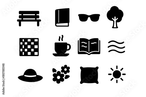 Outdoor Reading Icons. Outdoor Reading. Line icon set of Outdoor Reading: person with book, tree, cloud, sun, grass, bird, blanket, backpack, water bottle,