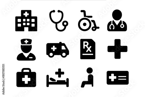 Medical Icon Set. Medical Support. Solid icon set of Medical Support: doctor, nurse, hospital, stethoscope, wheelchair, ambulance, prescription, medical cross,