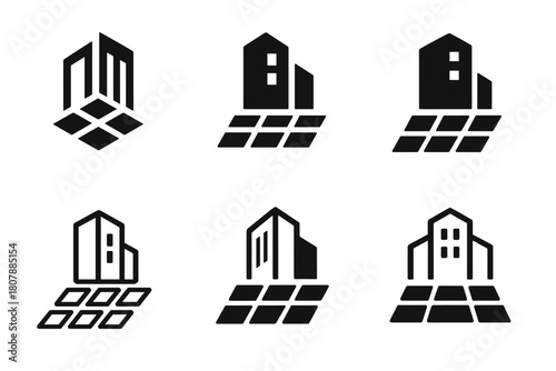 Sustainable Building Icons. Energy-efficient buildings. Icon set. Set Logo of energy-efficient buildings: modern architectural structure symbolizing