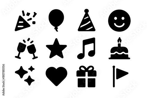 Celebration Icons Grid. Celebration. Solid icon set of celebration: confetti, balloon, party hat, smile face, clinking glasses, star, music note, cake,