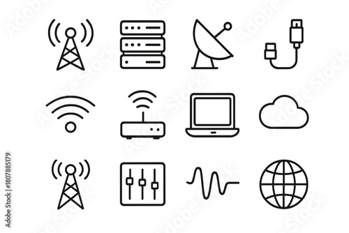 Tech Infrastructure Icons. Technology Infrastructure. Line icon set of Technology Infrastructure: radio tower, server rack, satellite dish, data cable, wifi