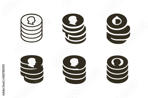 Antique Coin Logos. Starting a Collection of Antique Coins. Icon set. Set Logo of Antique Coin Collecting: treasure chest of coins. harmonious logo variations