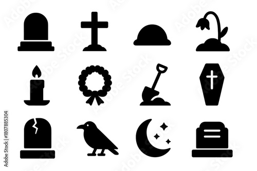 Grave Icon Set. Grave. Solid icon set of Grave: headstone, cross marker, tomb mound, wilted flower, candle flame, wreath, shovel, coffin, gravestone cracks,