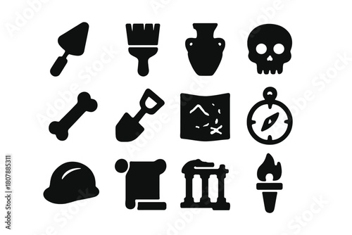 Archaeology Icon Set. Archaeology. Line icon set of Archaeology: trowel, brush, ancient pottery, fossil, magnifying glass, excavation site, skeleton, compass,