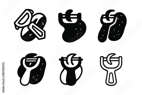 Vegetable Peeler Icons. Peeling vegetables. Icon set. Set Logo of peeling vegetables: potato and peeler blade. harmonious logo variations of the same