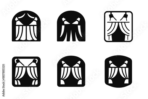 Theater Curtain Logos. Curtains drawn in theater. Icon set. Set Logo of Curtains drawn in theater: Spotlights on closed curtains. harmonious logo variations of