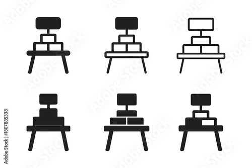 Product Logos Display. Product table display. Icon set. Set Logo of product table display: tabletop with stacked boxes and signage. harmonious logo variations