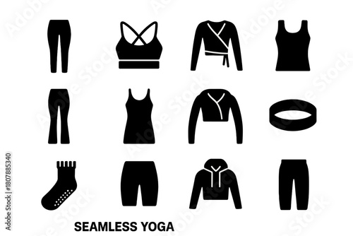 Seamless Yoga Icons. Seamless Yoga. Solid icon set of Seamless Yoga: yoga leggings, strappy bra, wrap top, longline tank, flare pants, unitard,