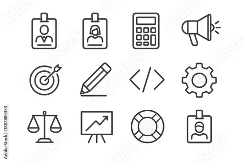 Professional Role Icons. Professional roles and departments. Line icon set of professional roles and departments: manager badge, HR badge, finance calculator,