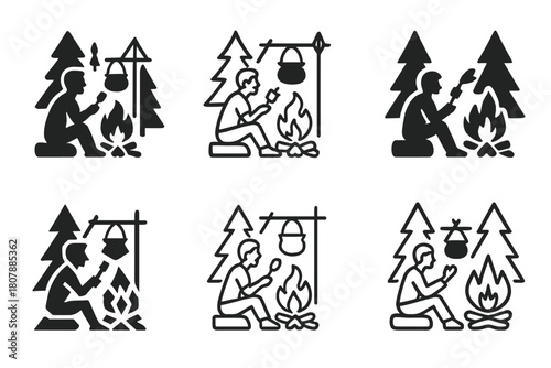 Campfire Logo Variations. A person sitting by a campfire in the woods, roasting marshmallows and telling stories. Icon set. Set Logo of A person sitting by a