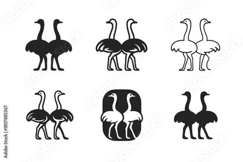 Ostrich Logo Variations. Ostriches. Icon set. Set Logo of ostriches: stylized ostrich silhouette with desert sun. harmonious logo variations of the same