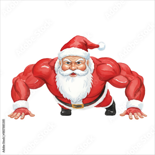 Santa Claus doing push-up challenge vector isolated white background Christmas
