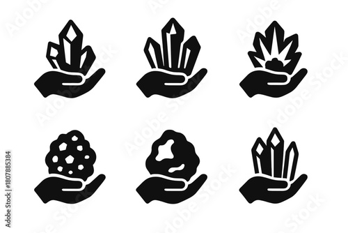 Mineral Icon Set. Earth's minerals. Icon set. Set Logo of Mineral Sample: Hand holding mineral. Negative space, Symmetrical form, Flat solid, Minimal outline,