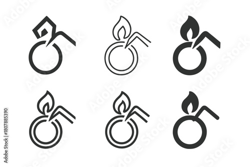 Jewelry Creation Icons. Creating jewelry. Icon set. Set Logo of creating jewelry: jeweler?s torch flame shaping metal band. harmonious logo variations of the
