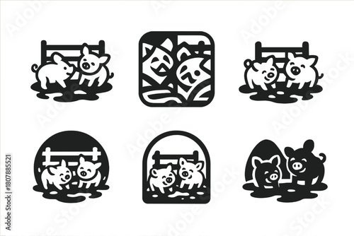 Farm Animal Logos. Joyful scenes at a farm, with baby animals. Icon set. Set Logo of farm joy: piglets playing in the mud near a fence. harmonious logo
