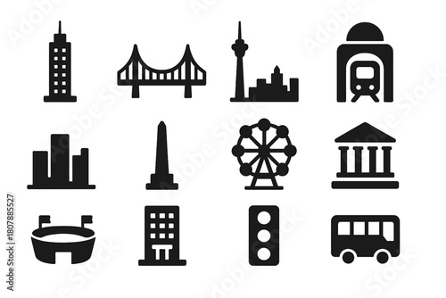 City Icon Grid. Modern city icons. Solid icon set of Modern city icons: skyscraper, bridge, observation tower, metro station, skyline, monument, ferris wheel,