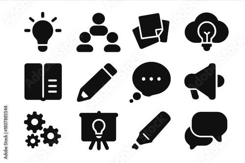 Creative Icons Collection. Creative Minds. Solid icon set of Creative Minds: light bulb, people collaboration, sticky notes, idea cloud, notebook, pencil,