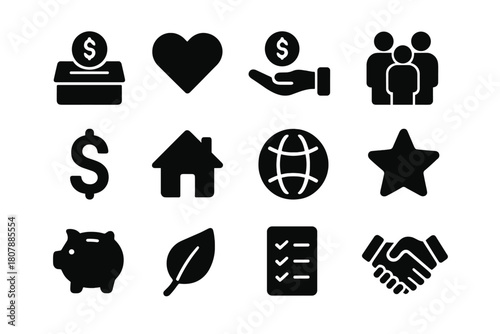 Charity Icon Set. Charity funding. Solid icon set of charity funding: donation box, heart, hand with coin, people group, dollar sign, house, globe, piggy bank,