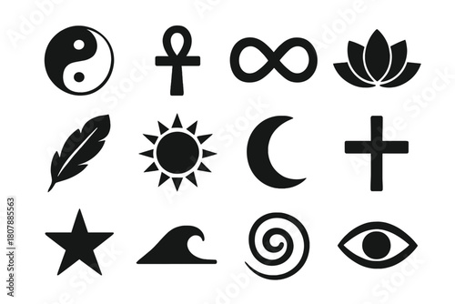 Cultural Symbol Icons. Cultural Symbols. Solid icon set of Cultural Symbols: yin yang, ankh, infinity loop, lotus, feather, tribal sun, crescent moon, cross,