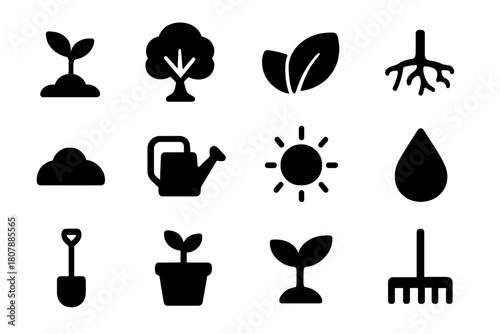 Gardening Icon Set. Gardening. Solid icon set of Gardening: sapling, tree, leaves, roots, soil mound, watering can, sun, water droplet, shovel, plant pot,