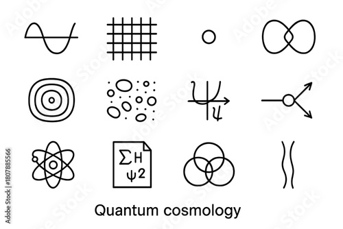 Quantum Cosmology Icons. Quantum cosmology. Line icon set of quantum cosmology: wave-particle duality, Planck scale grid, singularity dot, entanglement link,