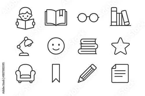 Children Reading Icons. Children Reading. Line icon set of Children Reading: child with book, storybook, glasses, bookshelf, reading lamp, smiling face, stack