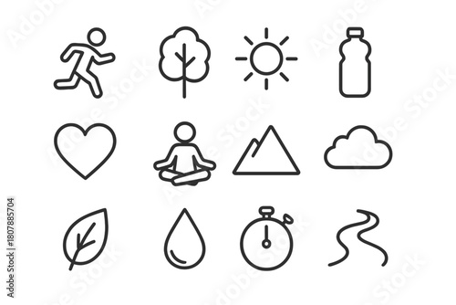 Healthy Lifestyle Icons. Healthy Lifestyle. Solid icon set of Healthy Lifestyle: heart, apple, running shoes, water bottle, yoga mat, dumbbell, bicycle, pulse