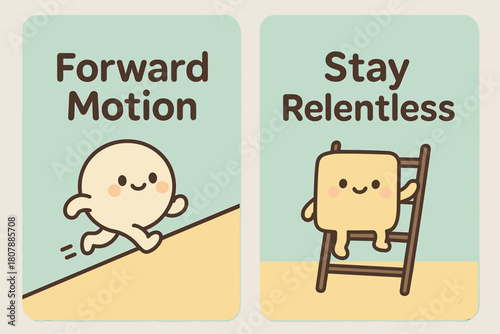 Kawaii Motivational Banners. Forward motion. Two vertical A6 banners with safe margins, centered composition, no elements touching edges, kawaii, pastel mint