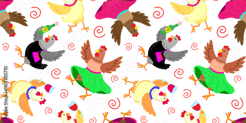 seamless pattern with funny fashionable cartoon dancing chickens wearing skirts and accessories holding glasses of wine and bottle  white background