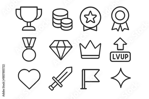 Gaming Rewards Icons. Gaming Rewards. Line icon set of Gaming Rewards: trophy cup, coins, star badge, ribbon, medal, diamond, crown, level up, heart, sword,