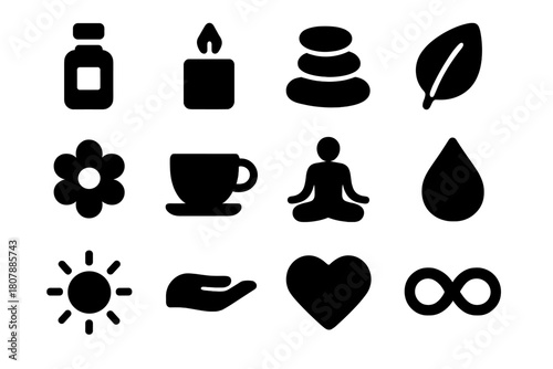 Holistic Wellness Icons. Holistic Wellness. Solid icon set of Holistic Wellness: essential oil bottle, candle, massage stone, leaf, flower, teacup, yoga pose,