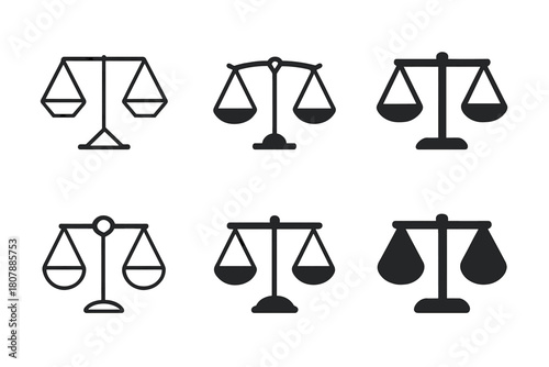 Balance Scale Icons. Feedback tone perception. Icon set. Set Logo of Balance Scale: Fair evaluation. Abstract geometric, Stylized detail, Minimal outline,