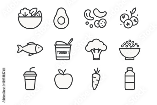 Healthy Food Icons. Healthy food. Line icon set of Healthy food: salad, avocado, nuts, berries, fish, yogurt, broccoli, quinoa, smoothie, apple, carrot, water