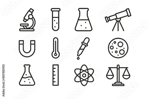Scientific Instruments Icons. Scientific Instruments. Line icon set of Scientific Instruments: microscope, test tube, beaker, telescope, magnet, thermometer,
