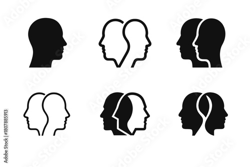 Dual Minds Logos. Duality of mind. Icon set. Set Logo of Duality of mind: Two faces merging. harmonious logo variations of the same emblematic concept, each