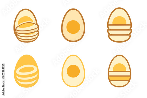 Boiled Egg Logos. Boiled eggs. Icon set. Set Logo of Boiled eggs: Whole boiled egg. harmonious logo variations of the same emblematic concept, each with