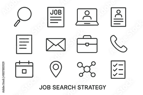 Job Search Icons. Job search strategy. Line icon set of job search strategy: magnifying glass, job listing sheet, laptop, resume, cover letter, email envelope,