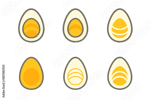 Boiled Egg Logos. Boiled eggs. Icon set. Set Logo of Boiled eggs: Whole boiled egg. harmonious logo variations of the same emblematic concept, each with