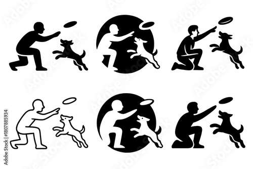 Joyful Pet Logos. joyful pets playing with their owners. Icon set. Set Logo of joyful pets playing with their owners: pet and owner high five. harmonious logo