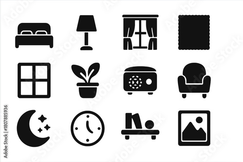 Peaceful Bedroom Icons. Peaceful bedroom. Solid icon set of Peaceful bedroom: bed, night lamp, curtain, rug, window, plant, sound machine, chair, moonlight,