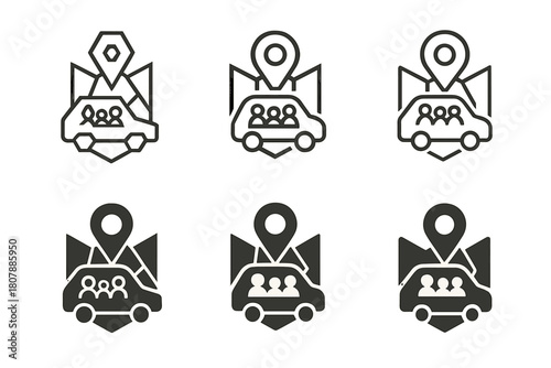 Family Trip Logos. Family car trip. Icon set. Set Logo of family car trip: road sign. harmonious logo variations of the same emblematic concept, each with