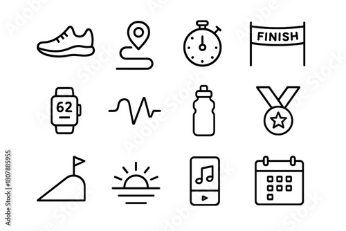 Running Motivation Icons. Running motivation quotes. Line icon set of running motivation quotes: running shoe, route map pin, stopwatch, finish line banner,