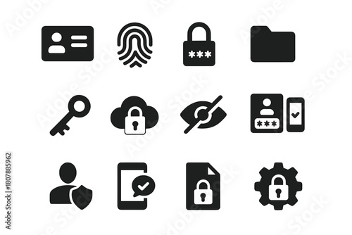 Personal Data Icons. Personal data protection. Solid icon set of Personal data protection: ID card, fingerprint, password lock, data folder, encryption key,