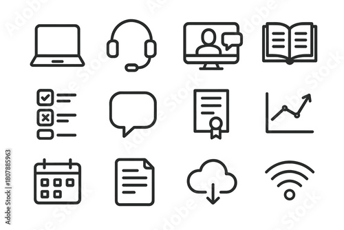 Online Learning Icons. Online courses. Line icon set of Online courses: laptop, tablet, video player, lecture notes, quiz icon, graduation cap, certificate,